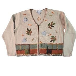 All Points Adrienne Vittadini Zip Up Cardigan‎ Womens L Leaf Patchwork Whimsical
